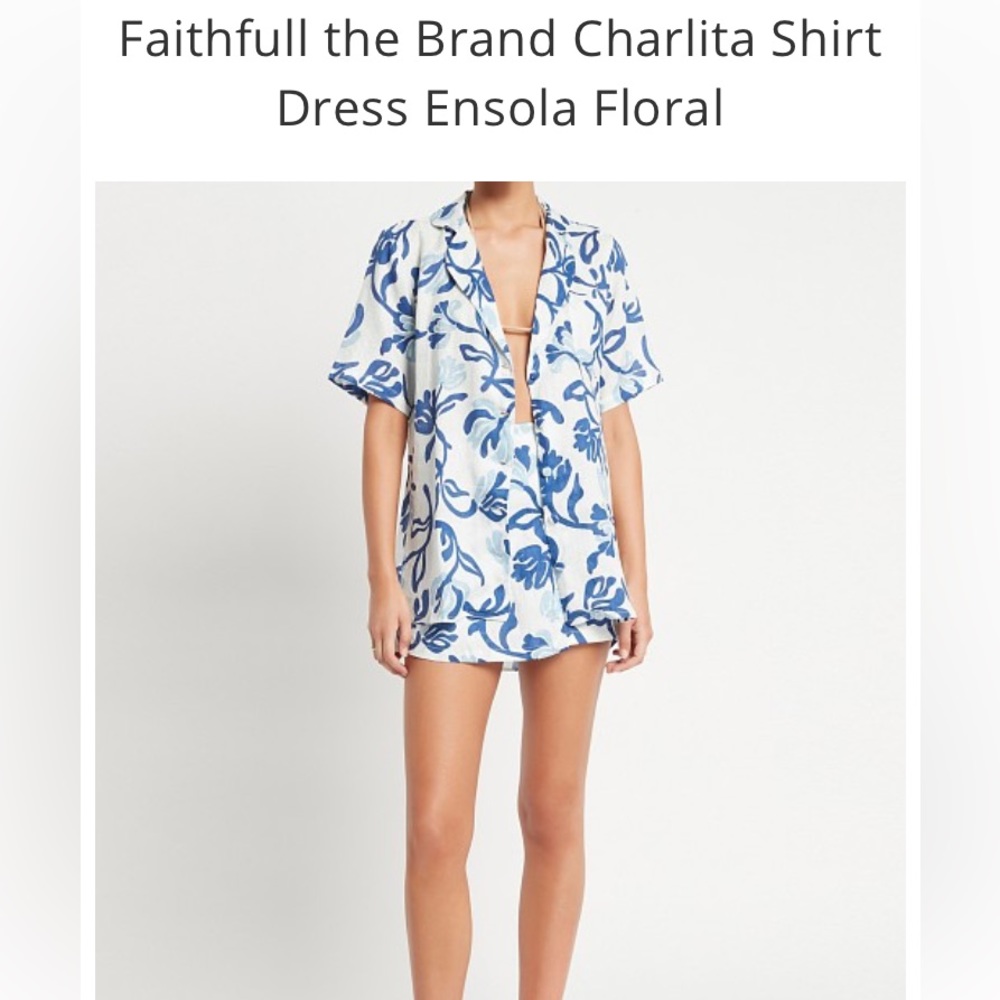 Faithfull the Brand Charlita Shirt Dress In Ensola Floral Blue Mini Dress Linen - Picture 1 of 6